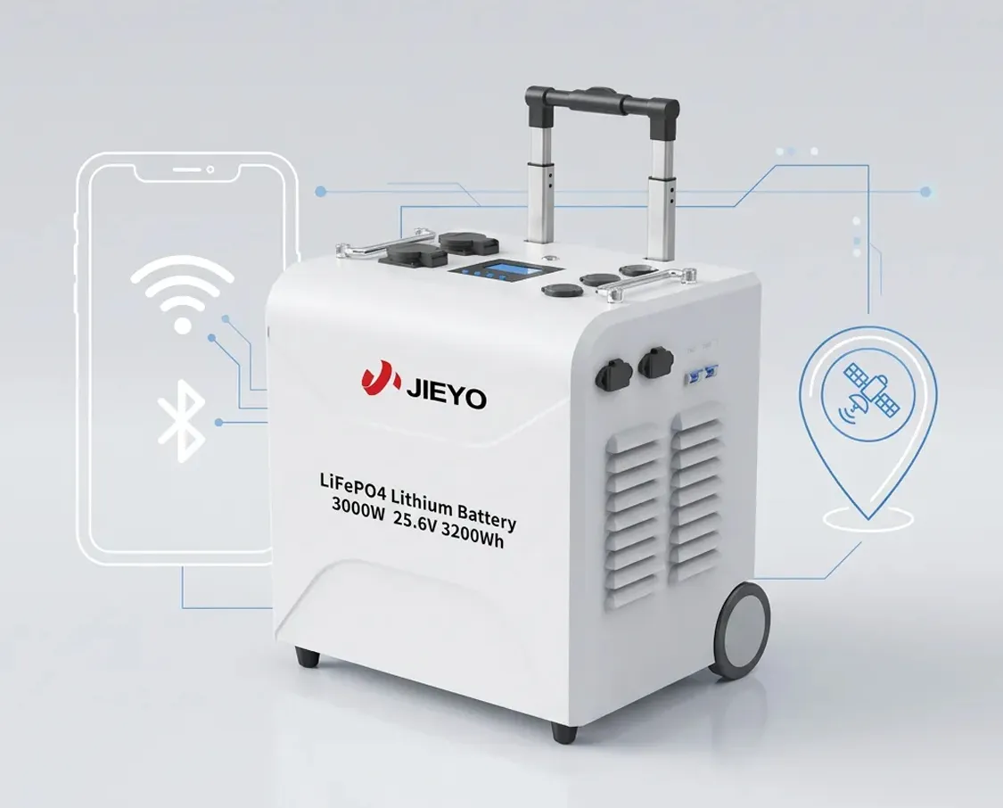 3000W 25 6V 3200Wh JIEYO Suitcase Portable Power Station Side View Bluetooth WiFi GPS Smart Connect Function