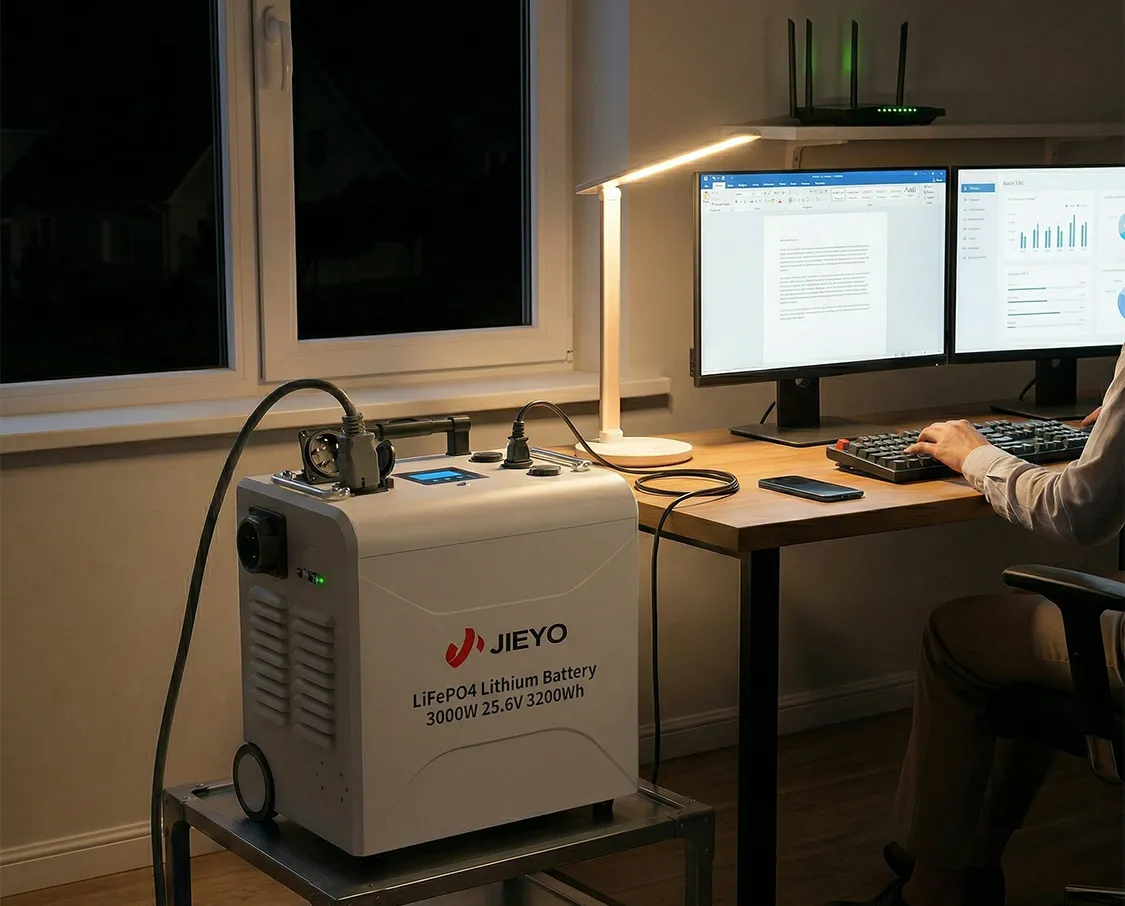 3000W 25 6V 3200Wh LiFePO4 Suitcase Portable Power Station Side View Office Laptop Power Supply Scene