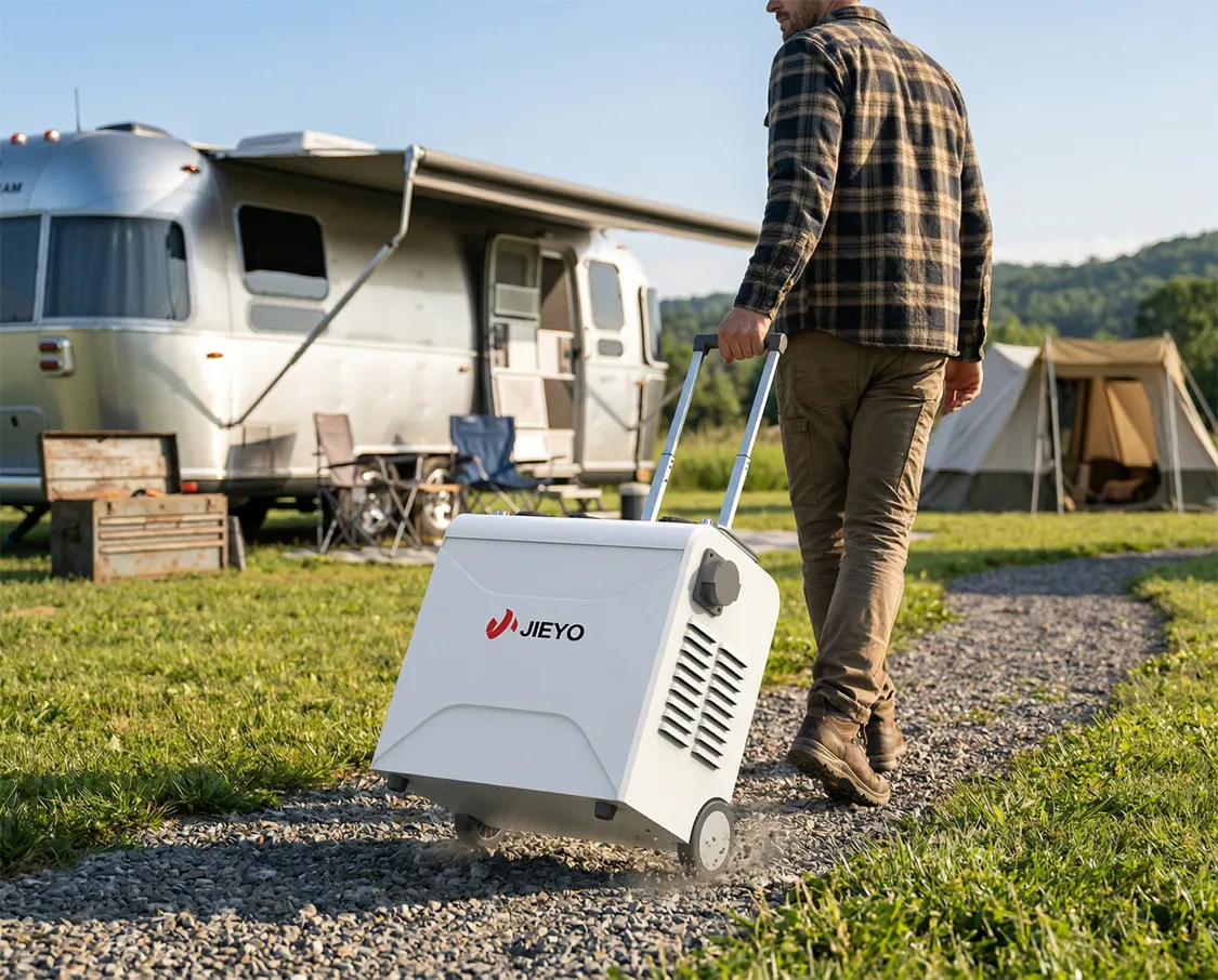 3000W 25 6V 3200Wh LiFePO4 Suitcase Portable Power Station Side View RV Camping Outdoor Travel Scene