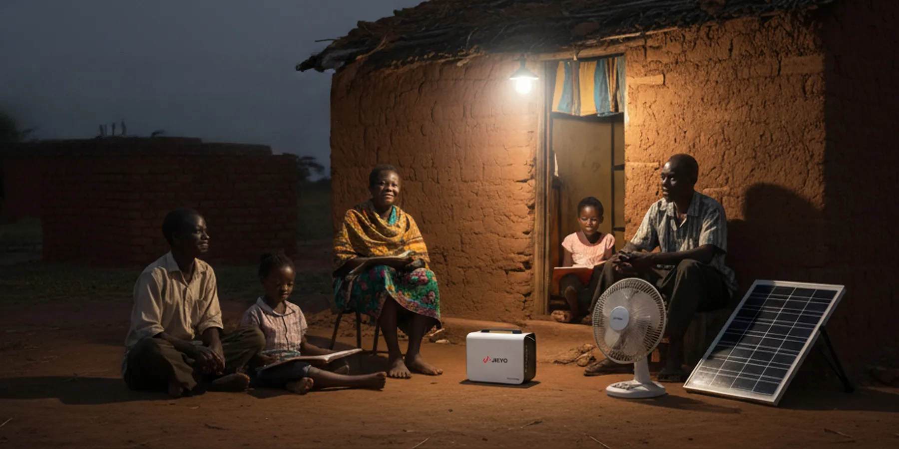 JIEYO 500W 1005Wh Portable Power Station Off-Grid Solar System African Rural Home Lighting Fan Scene Main Image