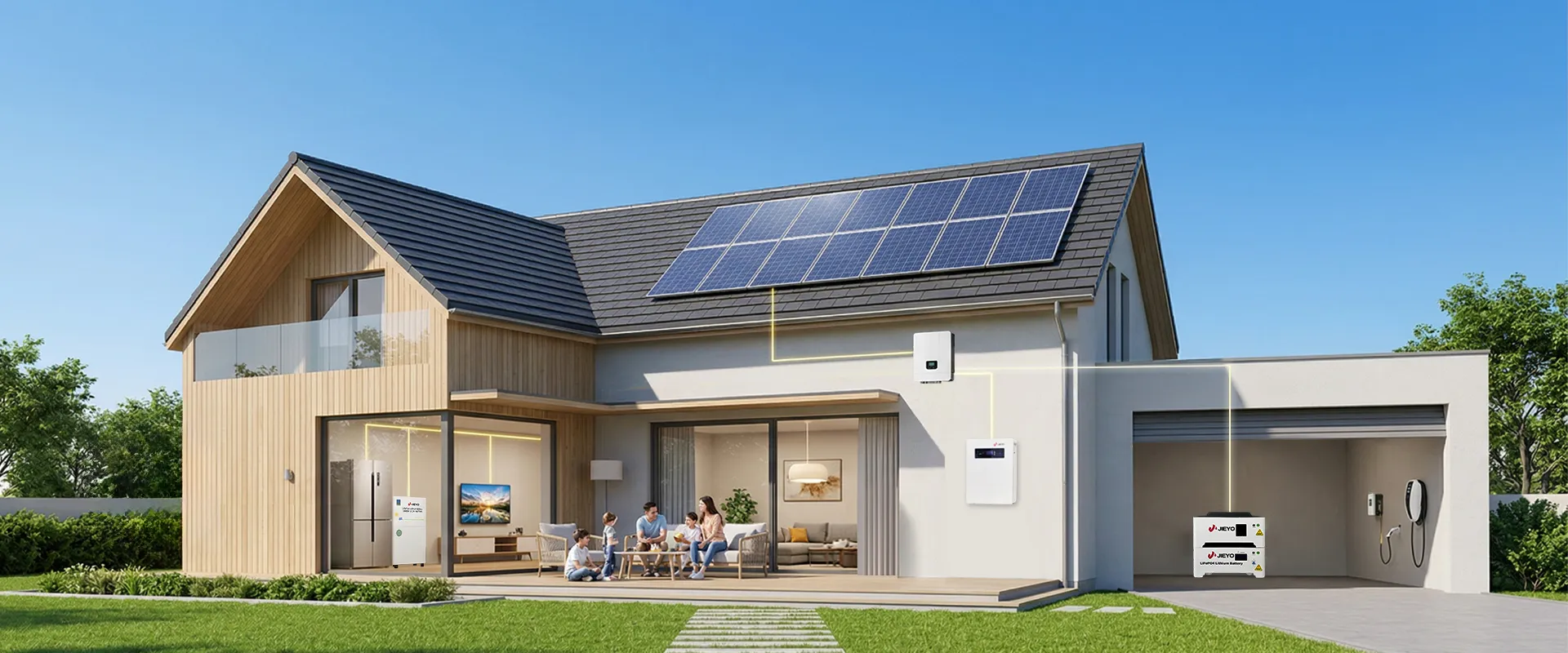JIEYO Complete Residential Solar Energy Storage System Full Product Line Family Life Scene Panorama Image