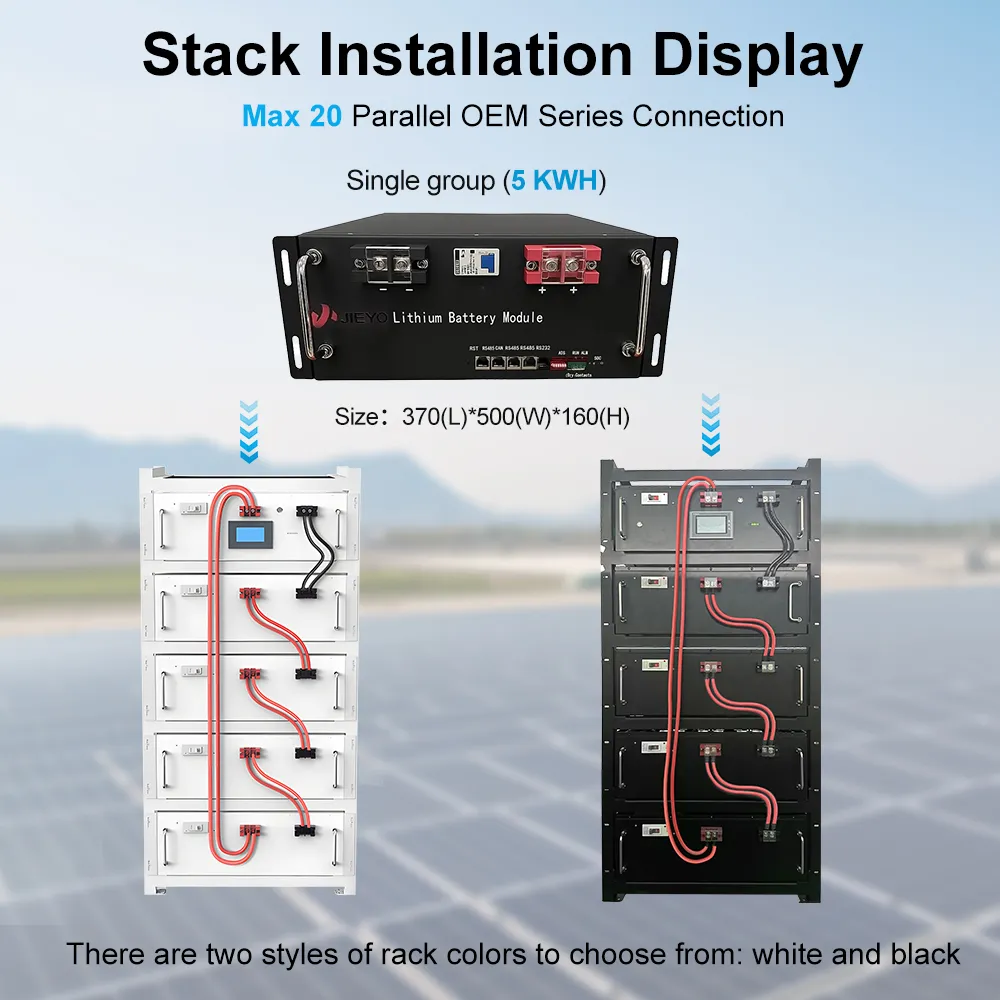 JIEYO Rack-Mounted LiFePO4 Battery Stack Installation Display Diagram Max 20 Parallel Connection