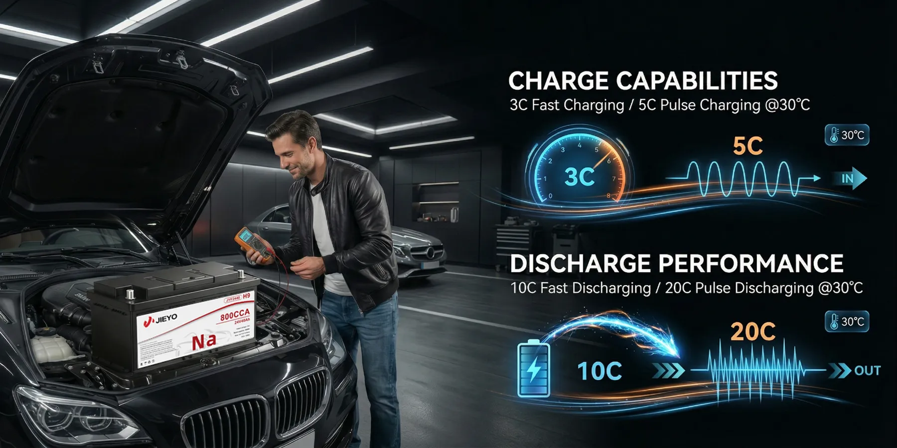 JIEYO Sodium-ion Car Battery 3C Fast Charging 20C Pulse Discharging Performance Workshop Test Banner Main Image