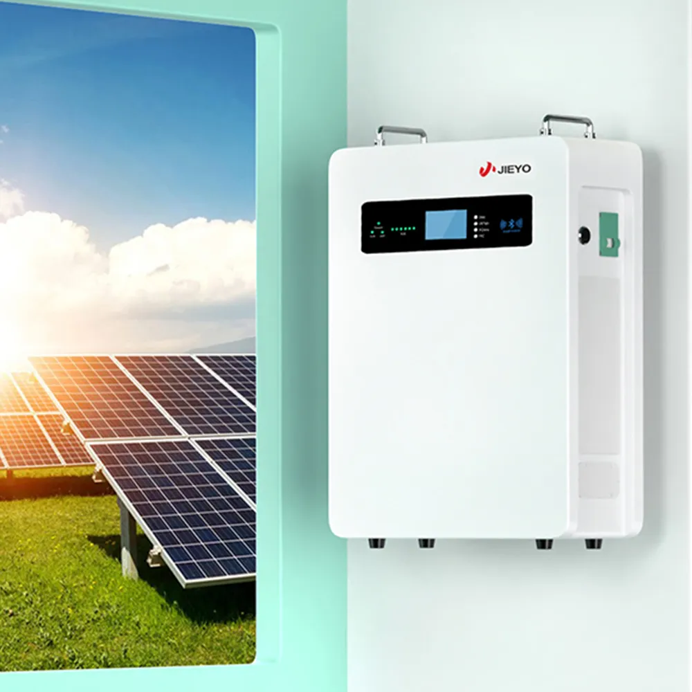 JIEYO Wall-mounted LiFePO4 Home Energy Storage Battery Front View Wall Mounted With Solar Panel Main Product Image