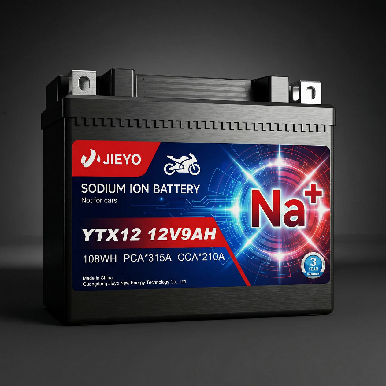 JIEYO YTX12 12V9AH Sodium Ion Motorcycle Battery Black Background Product Showcase Main Product Image